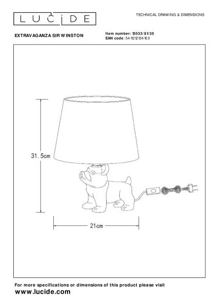 Lucide EXTRAVAGANZA SIR WINSTON - Table lamp - 1xE14 - Black - technical